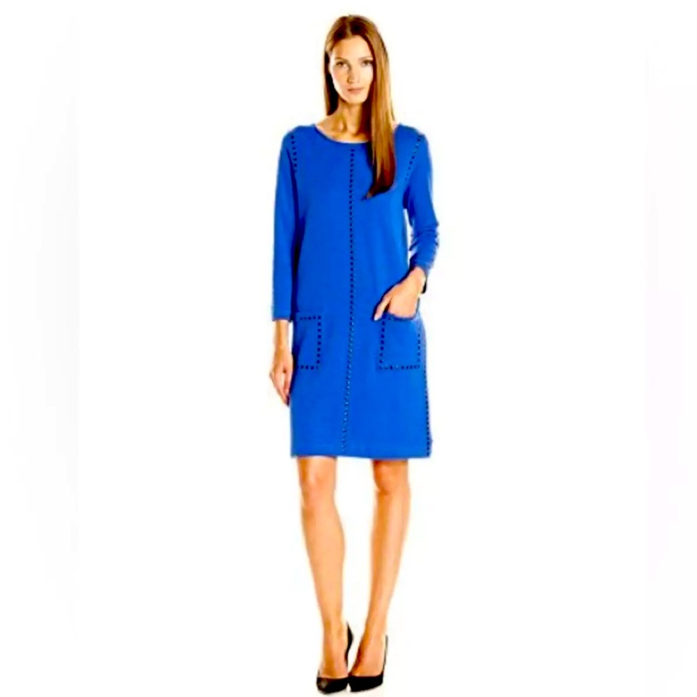 DESIGNER JOAN VASS Cobalt Blue Studded 3/4 sleeves dress. Size 3